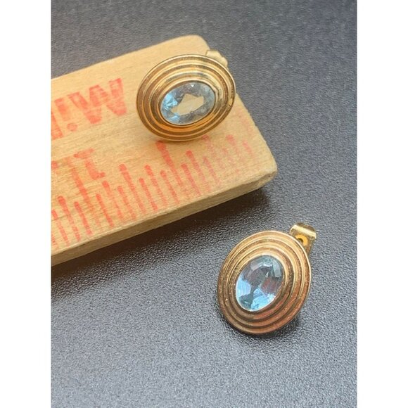 Vintage Blue Topaz Earrings 14k Gold Triple Oval Shaped Studs Statement Earrings - Picture 6 of 7